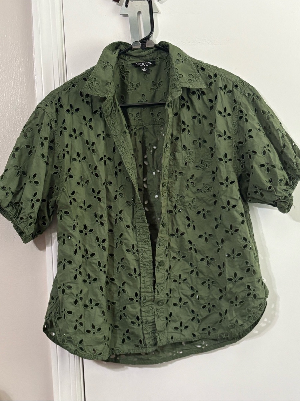 J. Crew Olive Green Eyelet Short Sleeve Button-Down Shirt size 8